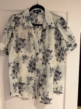 Alice Blue Black Floral Sheer Button-Up Blouse on Cream